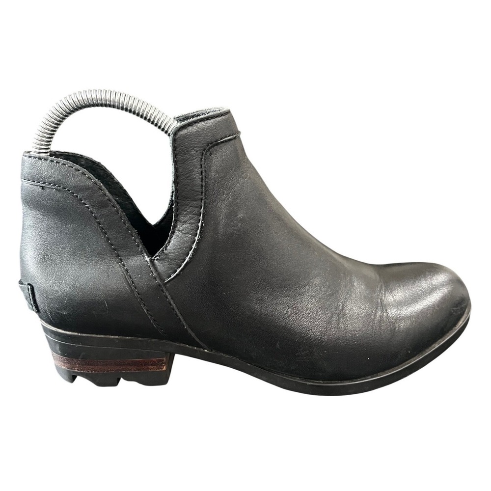 Sorel Lolla Cut-Out Black Leather Ankle Boots Women Stacked Heel Booties SZ 8.5 - Picture 5 of 9